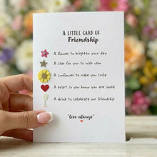 Load image into Gallery viewer, close up of little card of friendship with cute embellishments and sentimental message for a friend