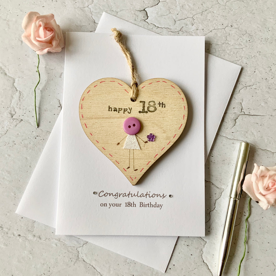 Happy 18th Wooden Heart Card