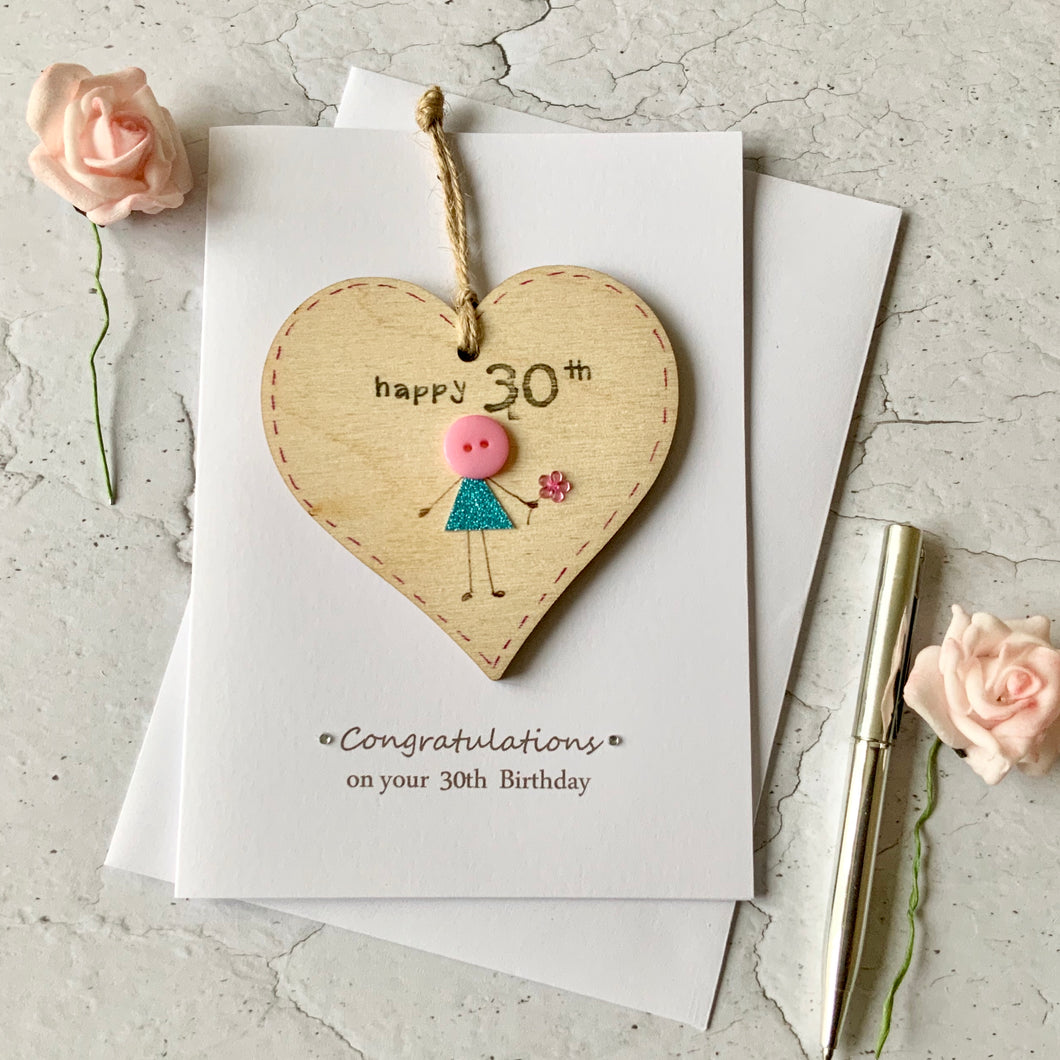 Happy 30th Wooden Heart Card